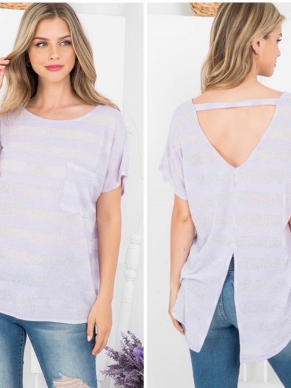 CY Fashion Light Lavender Striped Open-Back Women's Top-NWT